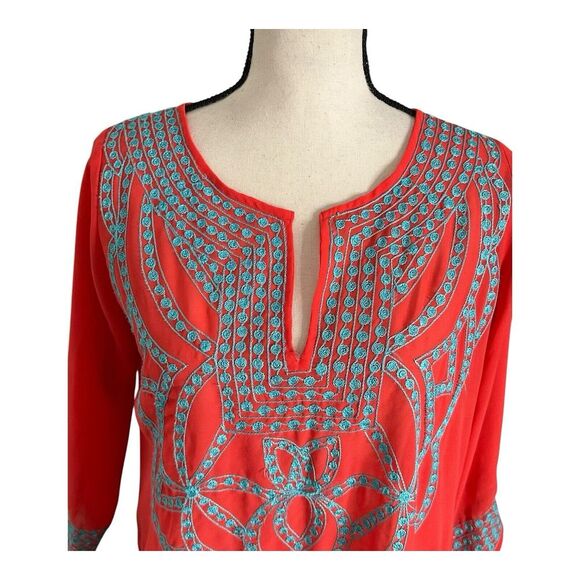 GRETCHEN SCOTT DESIGNS Red and Blue‎ Split Neck 3/4 Sleeve Tunic Top Size Small - Picture 2 of 14
